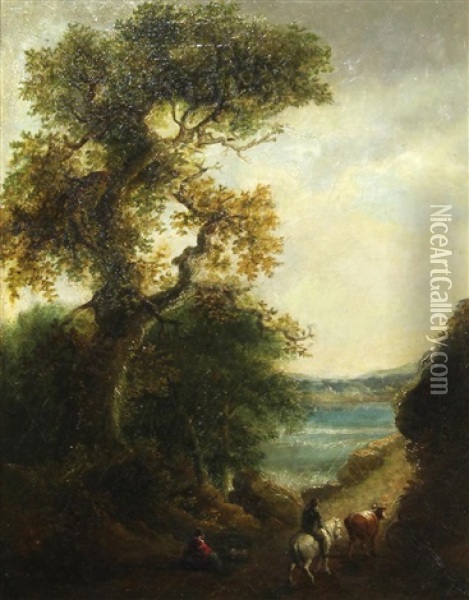 Figures And Horse Along A Lake Path Oil Painting - Thomas Barker