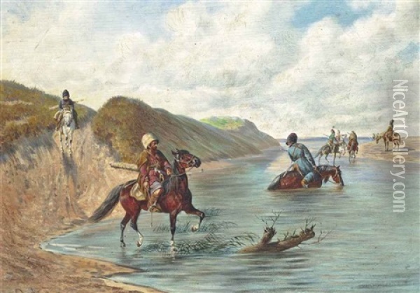 Caucasians Fording A River Oil Painting - Franz Quaglio