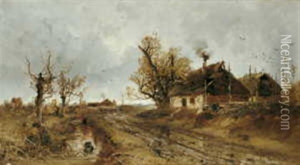 Herbstlandschaft Mit Bauernhausern Oil Painting - Yuliy Yulevich (Julius) Klever