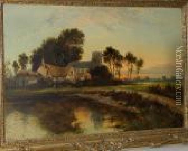 Church By A River At Sunset Oil Painting - William Langley