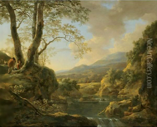 An Extensive River Landscape With Herdsmen Resting Their Goats Under A Tree Oil Painting - Jan Both