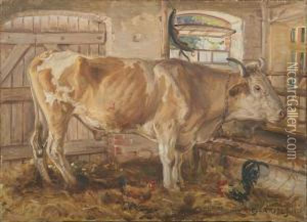 Interior From A Cowbarn Oil Painting - Gabriel Oluf Jensen