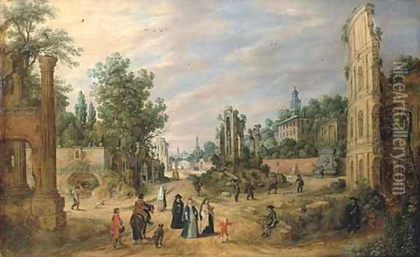 A capriccio of the Campo Vaccino, Rome, with elegant company and peasants Oil Painting - Sebastien Vrancx