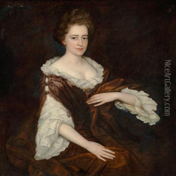 Lady Of Noble Birth In A Dark Red Evening Dress Oil Painting - Sir Godfrey Kneller