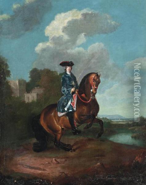 Portrait Of A Gentleman On Horseback, A Lake Beyond Oil Painting - Jan Wyck