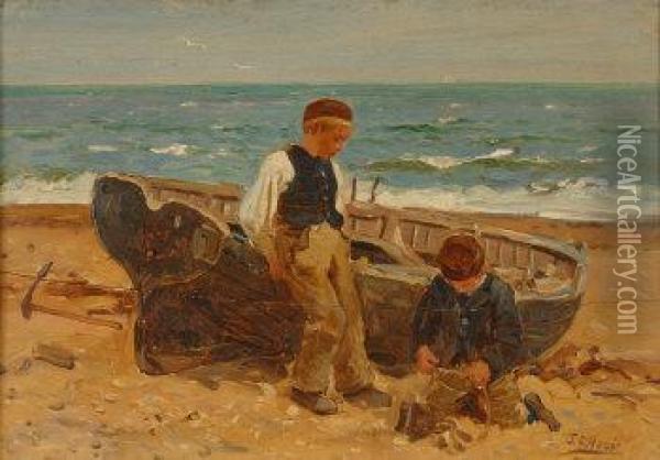 Two Children Beside A Beached Rowing Boat Oil Painting - James Clark Hook