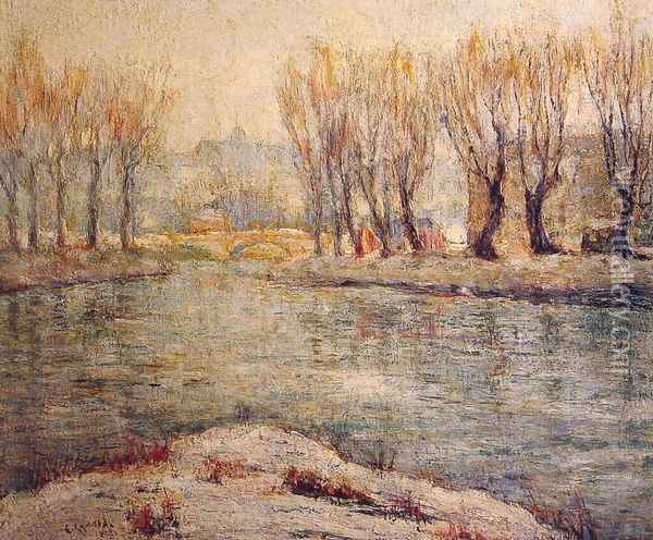 End of Winter - The Boathouse on the Harlem River, New York Oil Painting - Ernest Lawson