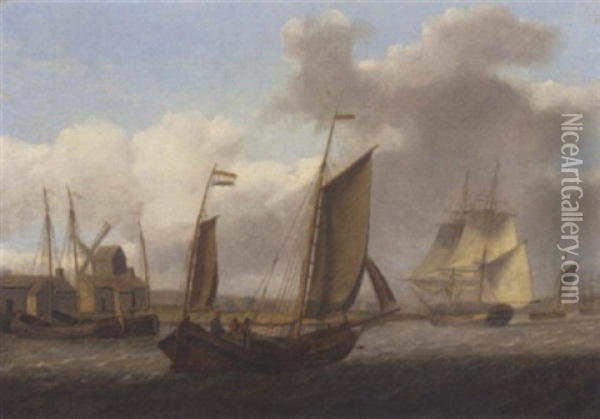 A Dutch Barge Running Up The Estuary With A Brig Turning In The River Ahead Of Her Oil Painting - William Anderson