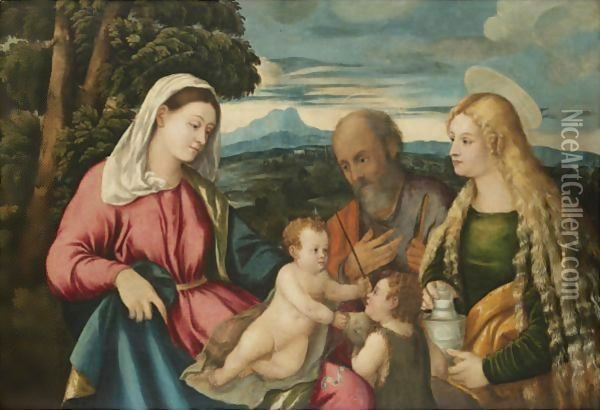 The Holy Family With The Infant Saint John The Baptist And Mary Magdalene Oil Painting - Palma Vecchio (Jacopo Negretti)