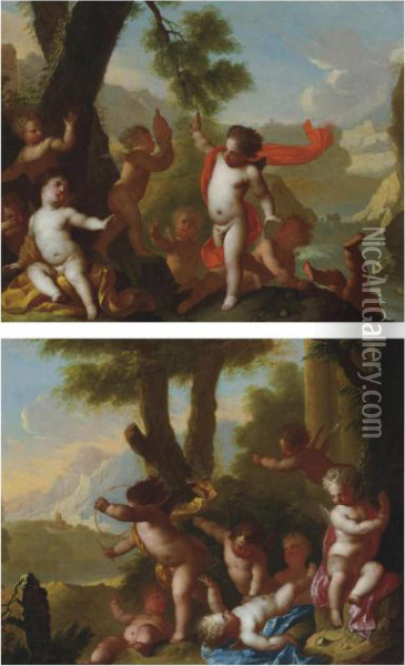 Putti Disporting In A River Landscape Oil Painting - Matheus Terwesten