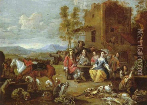 An Elegant Hunting Party Taking Refreshment Outside A County Inn Oil Painting - Hieronymous (Den Danser) Janssens