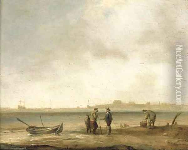 A coastal landscape with fishermen with their catch in the foreground Oil Painting - Ludolf Backhuysen