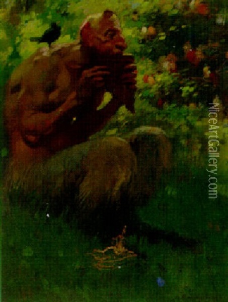 Pan Seated In A Woodland Oil Painting - Richard Mauch