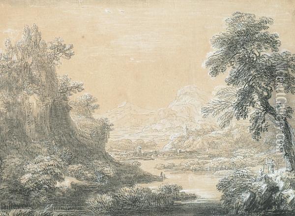 'a Mountainous River Scene', Pencil, Charcoal, Heightend With White Oil Painting - Jean-Baptiste Claude Chatelain