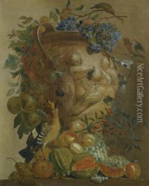 A Still Life Of Melons, Grapes, Peaches And Other Fruits In A Stone Urn With Birds Oil Painting - Jacobus Vonck