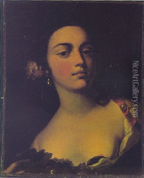 Portrait Of A Lady Wearing Pearl Earings And A Decolotee Dress Oil Painting - Giuseppe Bonito