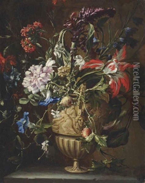 A Parrot Tulip, Morning Glories, A Spiraea And Other Flowers In A Sculpted Urn, On A Stone Ledge Oil Painting - Mario Nuzzi