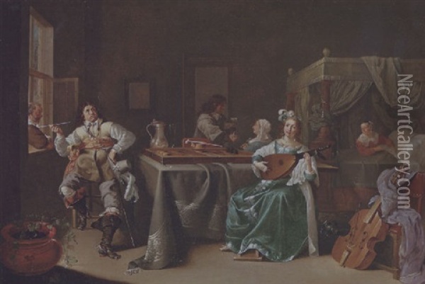 A Brothel Scene With An Officer Smoking At A Window, A Courtesan Playing A Lute By A Table And A Servant Making A Bed Oil Painting - Jacob Duck