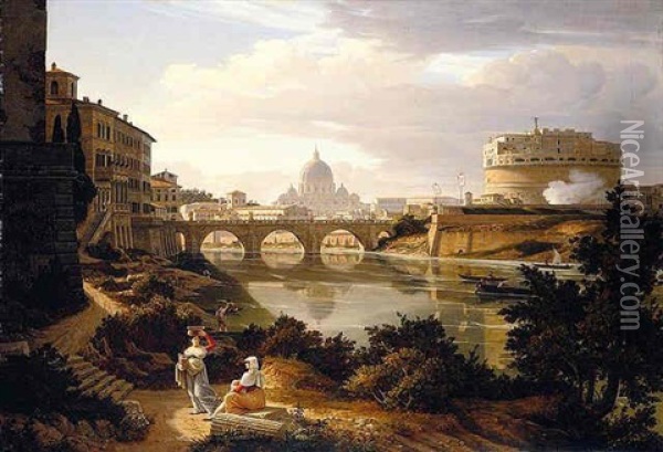 Rome, A View Of The River Tiber Looking South With The Castel Sant'angelo And Saint Peter's Basilica Beyond Oil Painting - Rudolf Wiegman