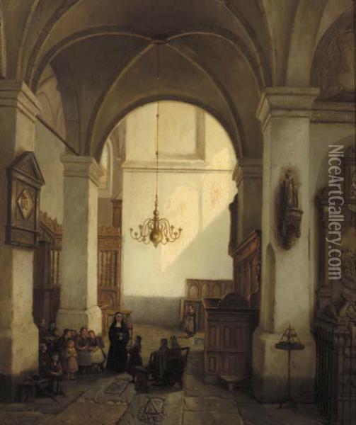 A Church Interior Oil Painting - George Harvey