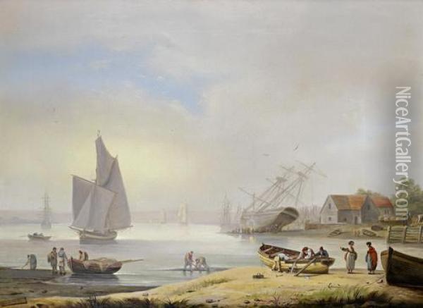 Careening A Two-master On The Foreshore Of The River Exe Above Exmouth Oil Painting - Thomas Luny
