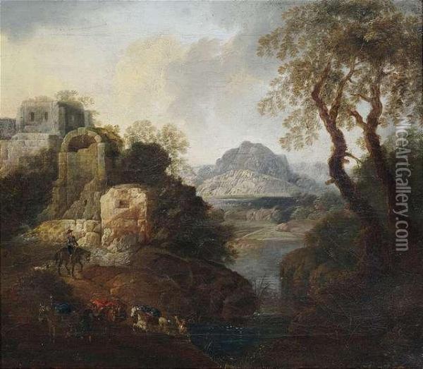 Two River Landscapes With Travellers At Ruins Oil Painting - Johann Franz Ermels