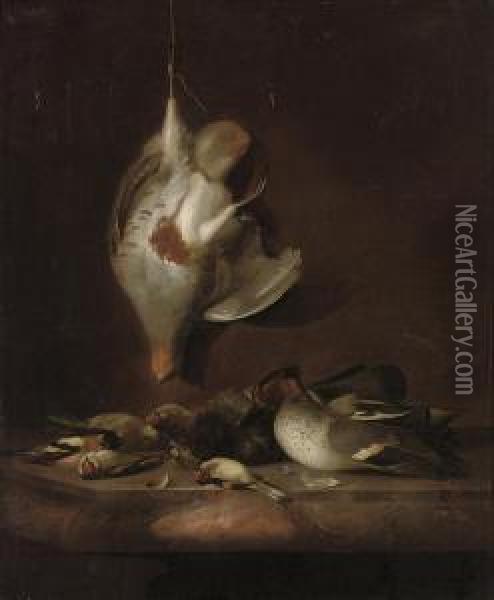A Partridge Hanging On A Wall, And A Teal, A Yellowhammer, Finches And Other Birds On A Marble Ledge Oil Painting - Barend or Bernardus van der Meer