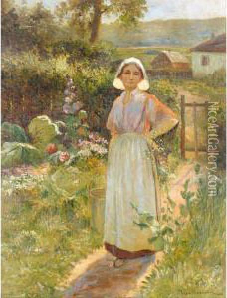 Maid In The Kitchen Garden Oil Painting - Jean Beauduin