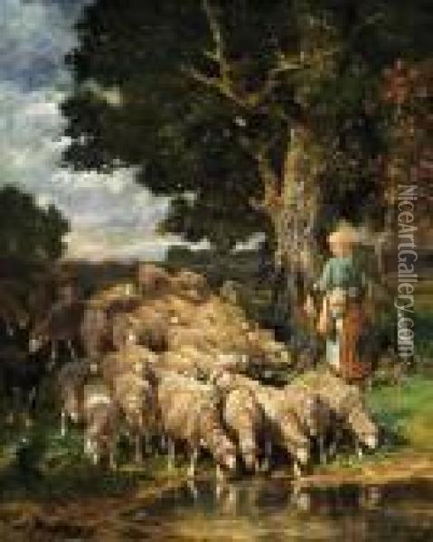 A Shepherdess With Her Flock Near A Stream Oil Painting - Charles Emile Jacque