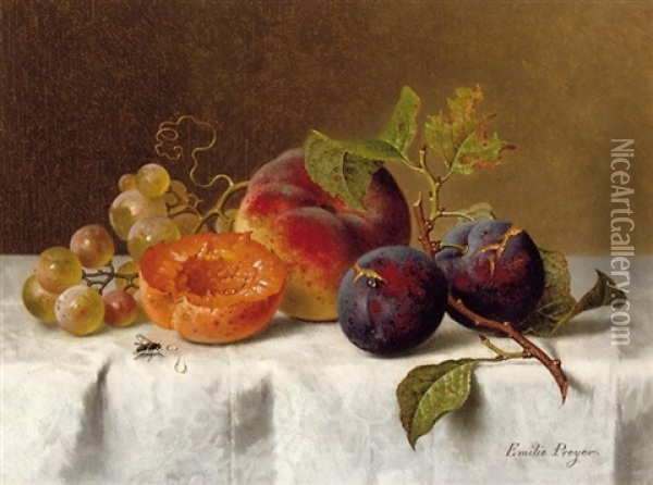 Stilleben Mit Pflaumen, Trauben, Einem Pfirsich Sowie Einer Aufgeschnittenen Aprikose Oil Painting - Emilie Preyer