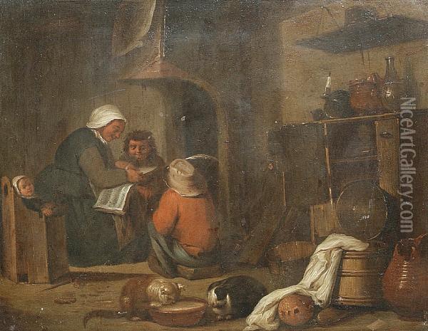 A Woman Reading A Book To Her Children In A Kitchen Oil Painting - David The Younger Teniers