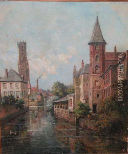 Canal A Bruges Oil Painting - Gustave Mascart