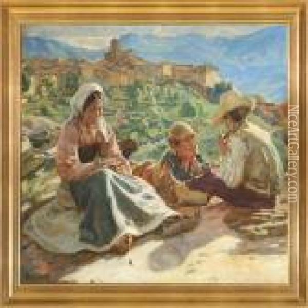 Children In A Italian Landscape Oil Painting - Gad Frederik Clement