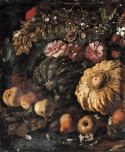 Two Pumpkins, Grapes, Peaches And Pears, Roses And Other Flowers In A Landscape Oil Painting - Michelangelo di Campidoglio