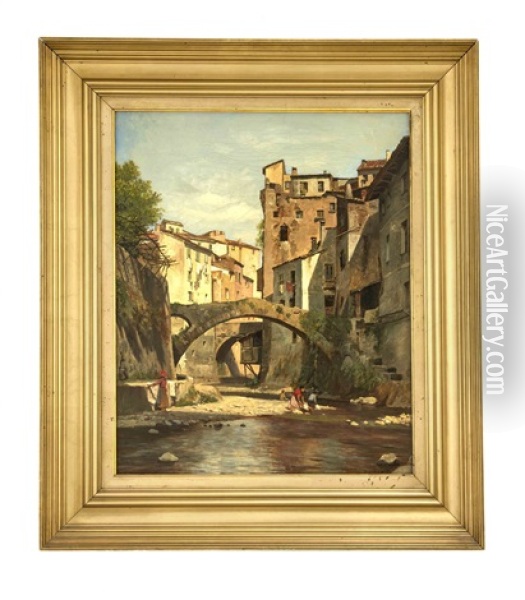 Wascherinnen Am Fluss Einer Italienischen Altstadt Oil Painting - August Fischer