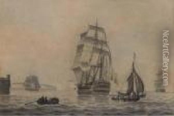 An English Man-o'war Leaving Port Oil Painting - Samuel Atkins