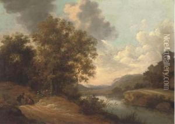 Figures On A Path In A River Landscape With A Hilltop Ruinbeyond Oil Painting - Adam Pynacker