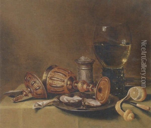 A Roemer, An Overturned Goblet, Oysters On A Pewter Plate, A Silver Salt, A Knife And A Peeled Lemon On A Draped Table Oil Painting - Gerrit Willemsz. Heda