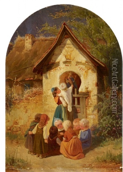 Children By A Chapel Oil Painting - Jakob Fuerchtegott Dielmann