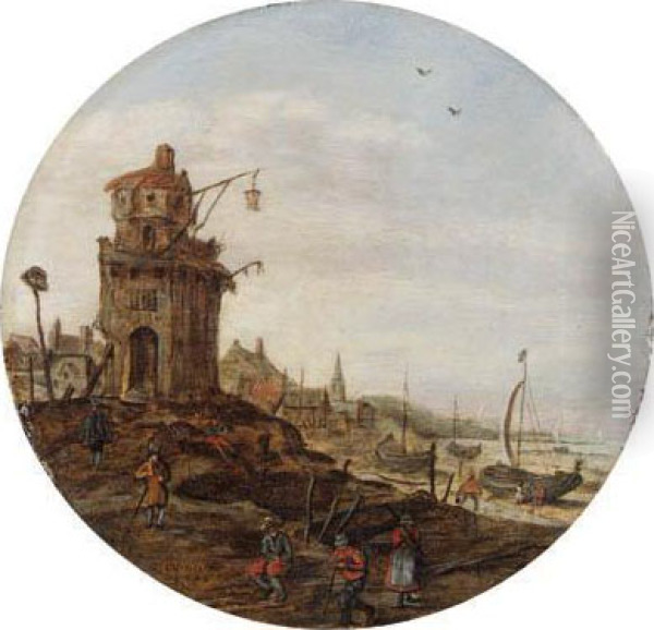 Villagers Skating On A Frozen 
Waterwaybefore A Church; Villagers Ona Frozen Waterway, A Town And A 
Windmill Beyond; Fisherfolk On Abeach By A Tower; And Travellers On A 
Wooded Pathin A Village Oil Painting - Jan van Goyen