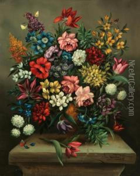 Still Life With Flowers On A Pedestal Oil Painting - Jan Van Doust