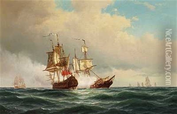 Marine Med Orlogsskibe Oil Painting - Carl Ludwig Bille