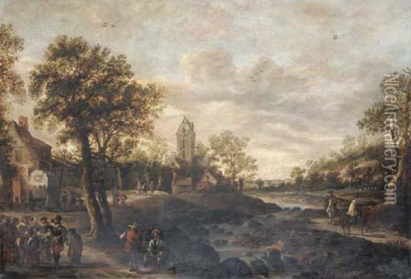 A River Landscape With Travellers Approaching A Village Oil Painting - Jan van Goyen