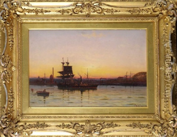 Sunset Over The Tyne With A Paddle Tug And Other Ships In The Foreground Oil Painting - Duncan (Dunan) Fraser McLea