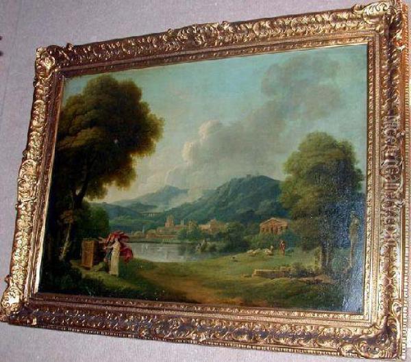 An Extensive Classical Landscape With Figures Oil Painting - Richard Wilson