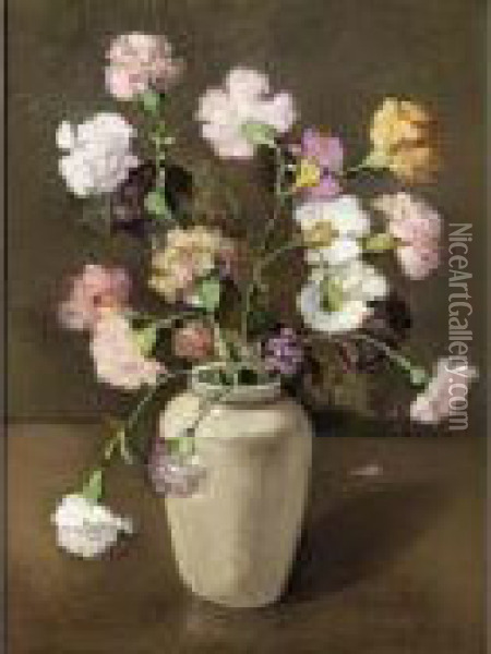 An Earthenware Vase With Carnations Oil Painting - Ans Van Den Berg