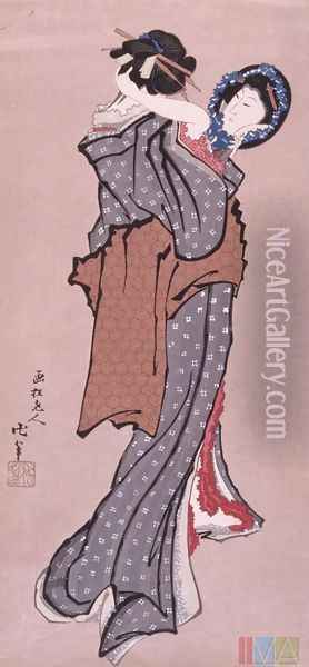 Woman Looking in Mirror Oil Painting - Katsushika Hokusai