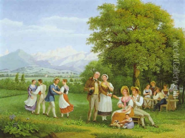 Fest Auf Dem Lande Bei Genf Mit Blick Auf Den Mont Blanc Oil Painting - Frederic Fregevize