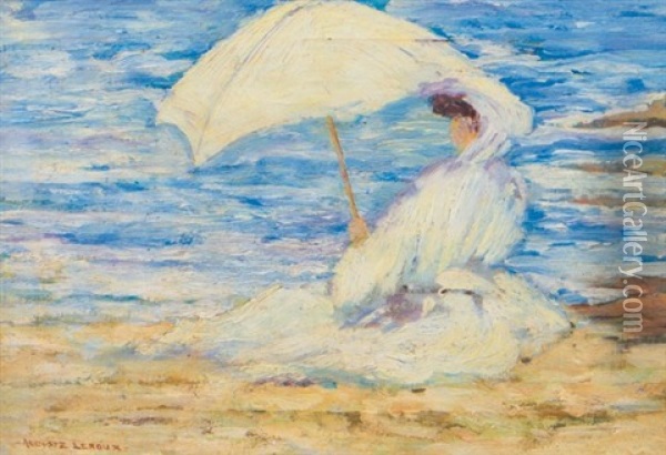 Lady With A Parasol By Seaside Oil Painting - Auguste Leroux