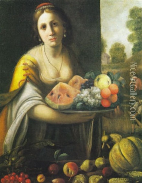 Donna Con Piatto Di Frutta, Paesaggio Con Agricoltori Oil Painting - Vincenzo Campi